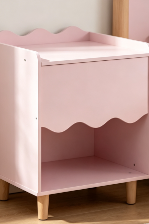 Pink Scalloped Kids Nightstand with Storage Solid Wood Legs
